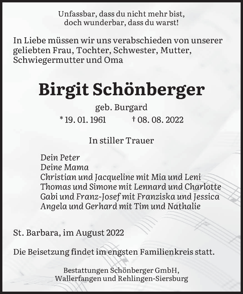  Traueranzeige für Birgit Schönberger vom 10.08.2022 aus saarbruecker_zeitung