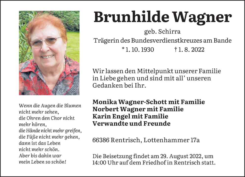  Traueranzeige für Brunhilde Wagner vom 06.08.2022 aus saarbruecker_zeitung