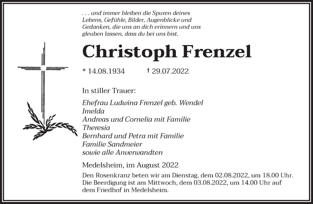  Traueranzeige für Christoph Frenzel vom 01.08.2022 aus saarbruecker_zeitung