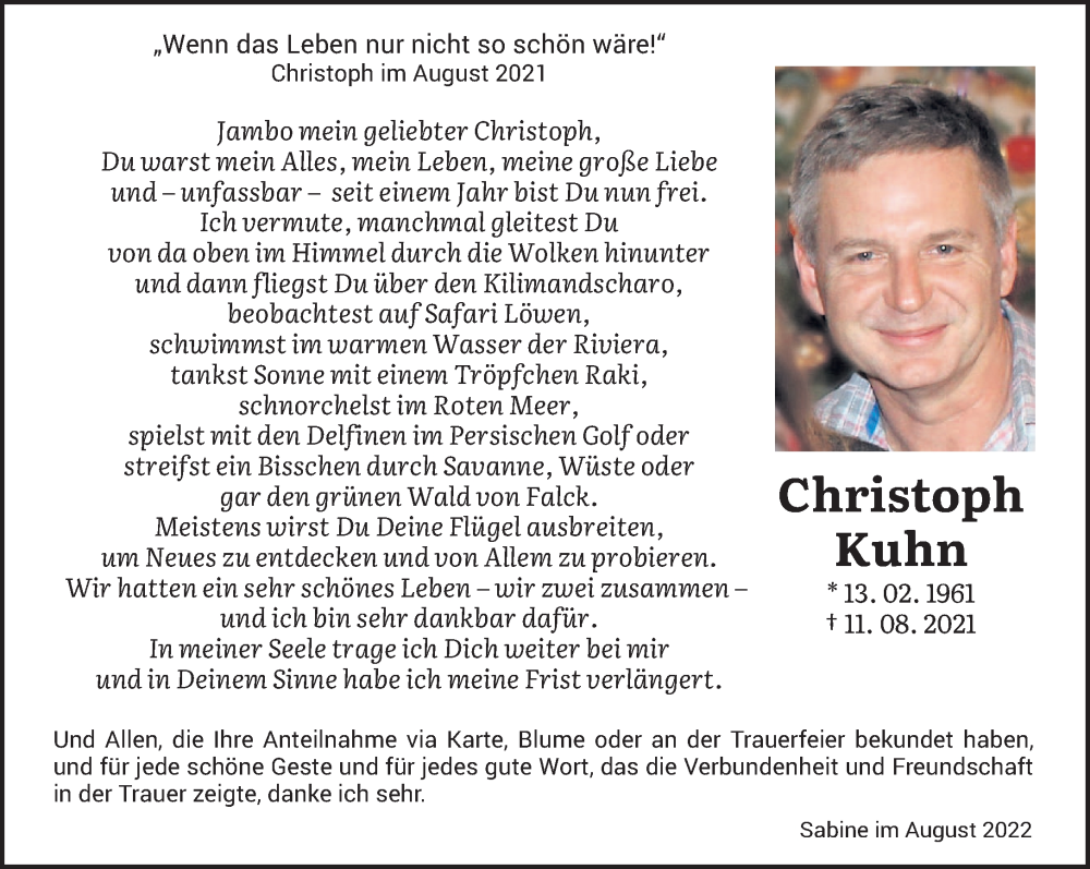  Traueranzeige für Christoph Kuhn vom 13.08.2022 aus saarbruecker_zeitung