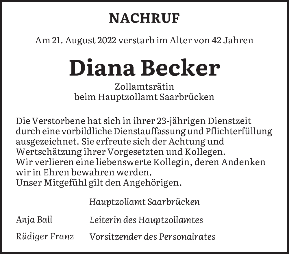  Traueranzeige für Diana Becker vom 30.08.2022 aus saarbruecker_zeitung