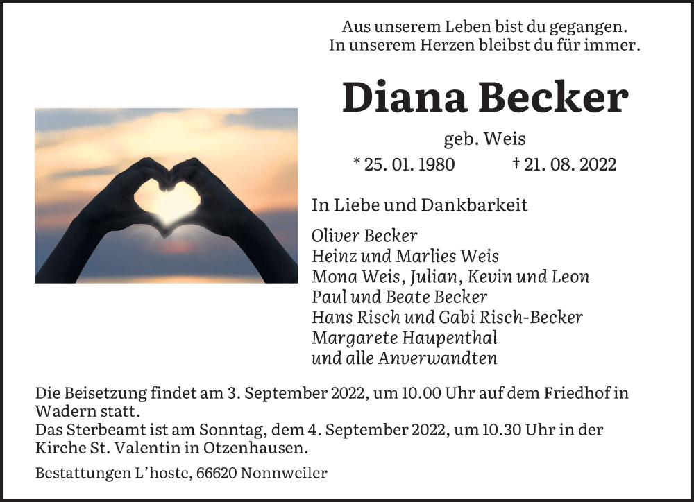 Traueranzeige für Diana Becker vom 30.08.2022 aus saarbruecker_zeitung