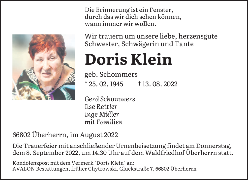  Traueranzeige für Doris Klein vom 24.08.2022 aus saarbruecker_zeitung