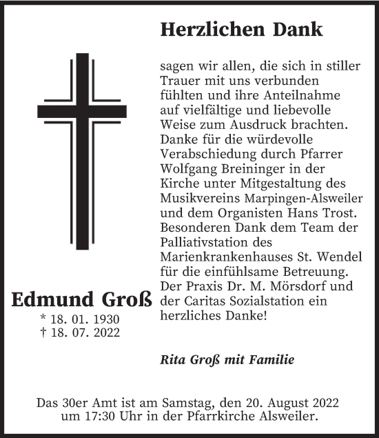 Traueranzeige von Edmund Groß von saarbruecker_zeitung