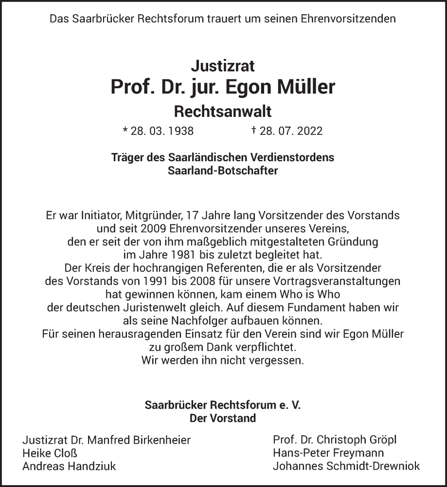  Traueranzeige für Egon Müller vom 13.08.2022 aus saarbruecker_zeitung