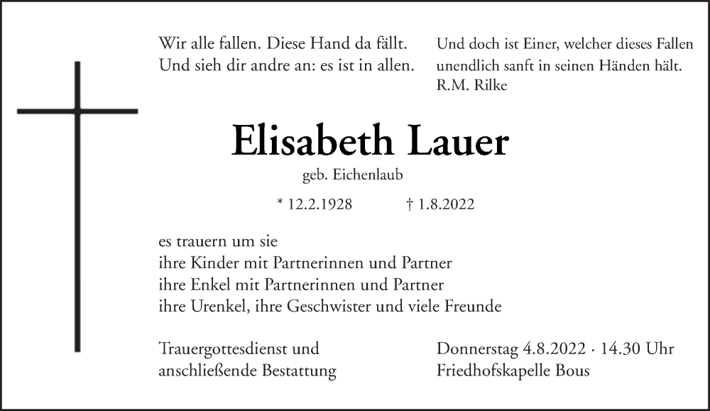  Traueranzeige für Elisabeth Lauer vom 03.08.2022 aus saarbruecker_zeitung