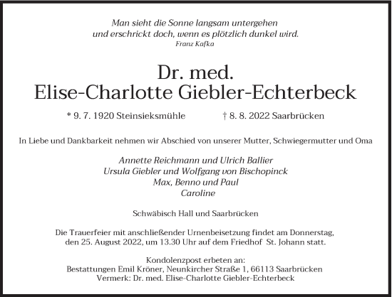 Traueranzeige von Elise-Charlotte Giebler-Echterbeck von saarbruecker_zeitung