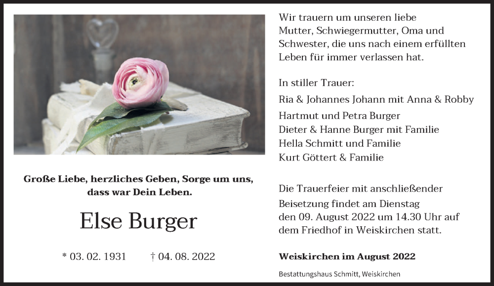  Traueranzeige für Else Burger vom 06.08.2022 aus saarbruecker_zeitung