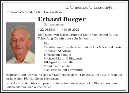 Traueranzeige von Erhard Burger von saarbruecker_zeitung
