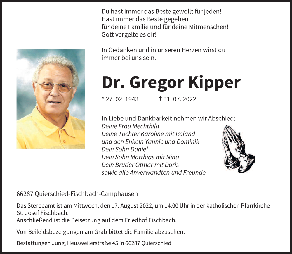  Traueranzeige für Gregor Kipper vom 06.08.2022 aus saarbruecker_zeitung