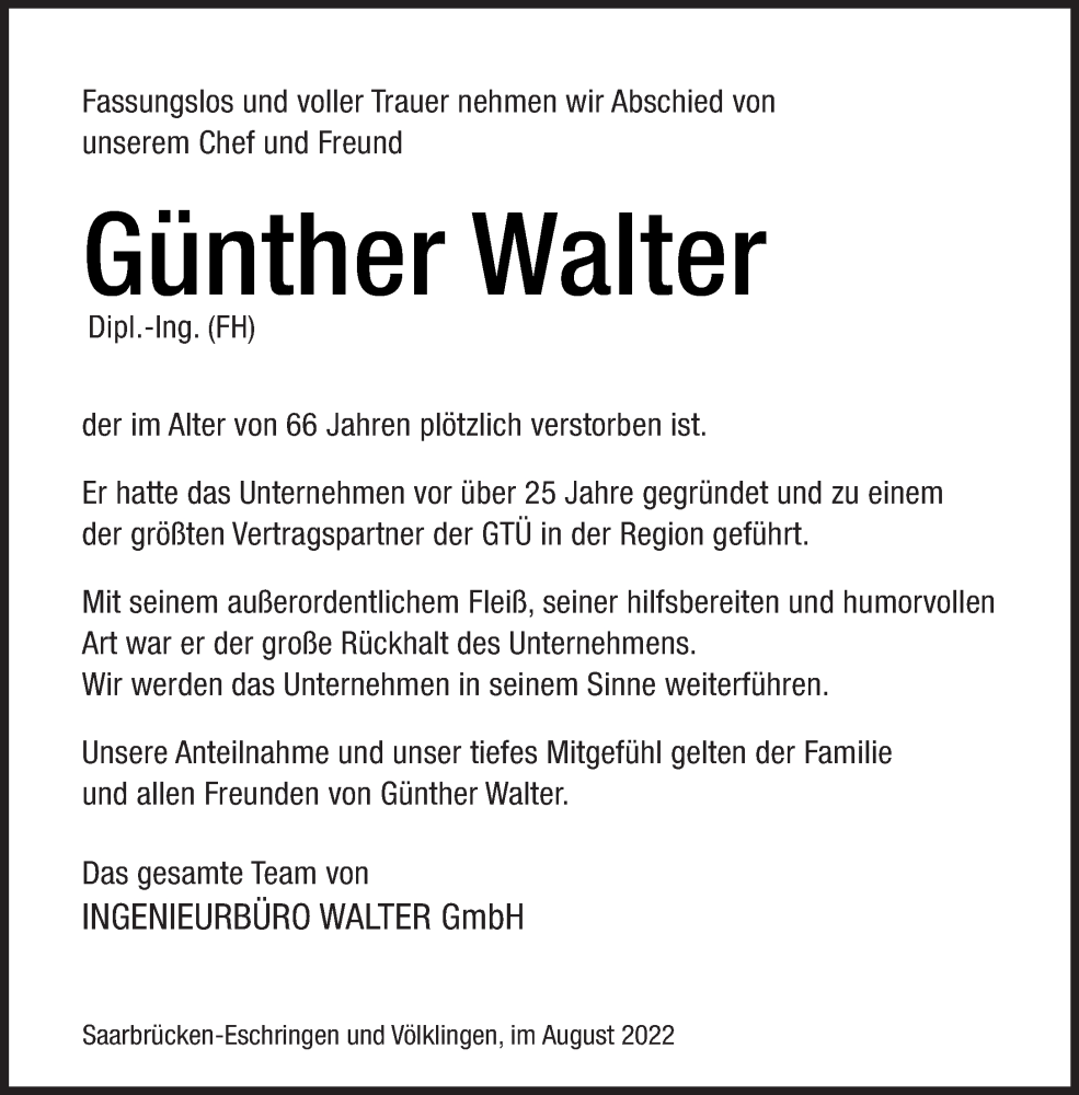  Traueranzeige für Günther Walter vom 13.08.2022 aus saarbruecker_zeitung