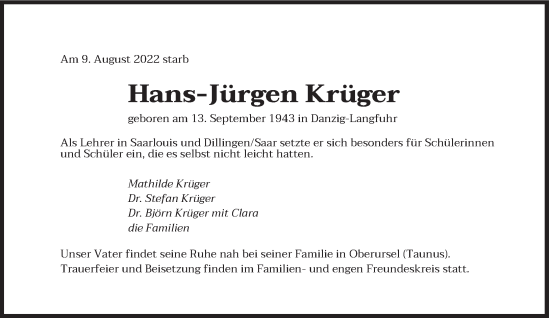 Traueranzeige von Hans-Jürgen Krüger von saarbruecker_zeitung