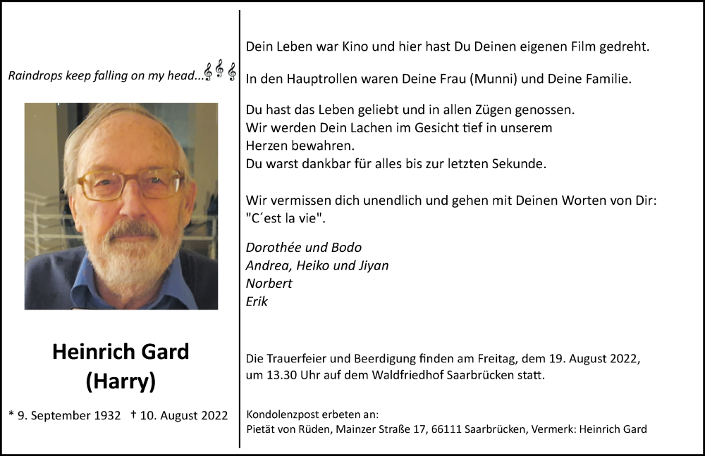  Traueranzeige für Heinrich Gard vom 13.08.2022 aus saarbruecker_zeitung