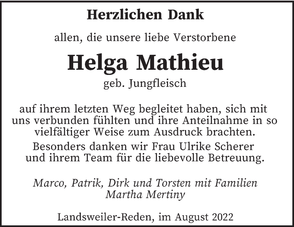  Traueranzeige für Helga Mathieu vom 27.08.2022 aus saarbruecker_zeitung