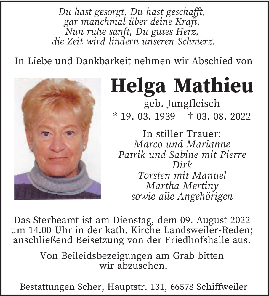  Traueranzeige für Helga Mathieu vom 06.08.2022 aus saarbruecker_zeitung