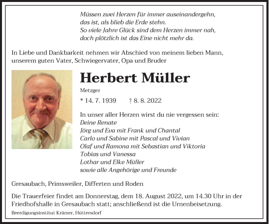 Traueranzeige von Herbert Müller von saarbruecker_zeitung