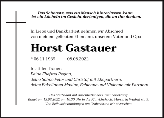 Traueranzeige von Horst Gastauer von saarbruecker_zeitung