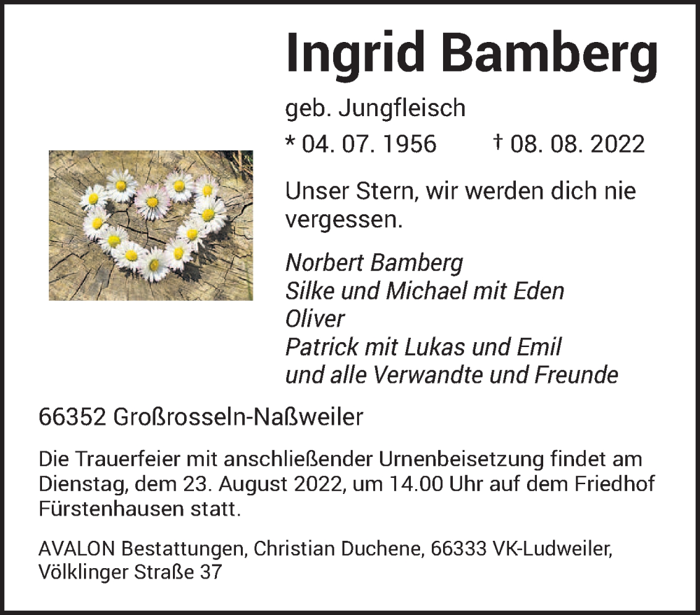  Traueranzeige für Ingrid Bamberg vom 13.08.2022 aus saarbruecker_zeitung