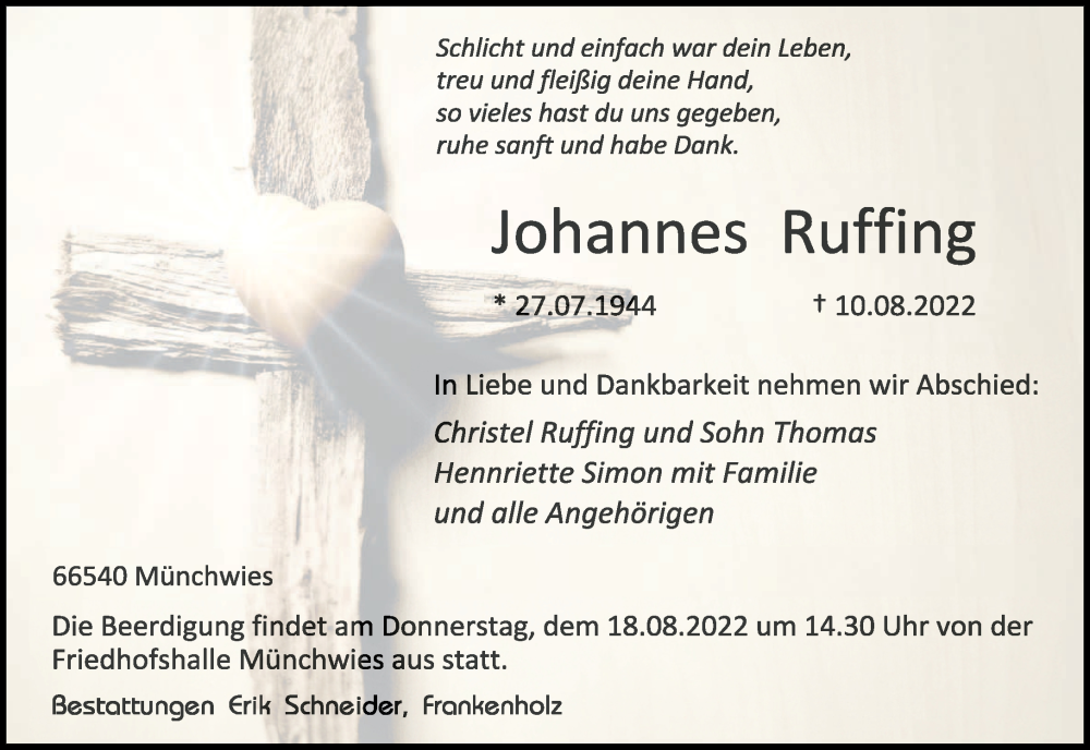  Traueranzeige für Johannes Ruffing vom 13.08.2022 aus saarbruecker_zeitung