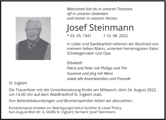 Traueranzeige von Josef Steinmann von saarbruecker_zeitung