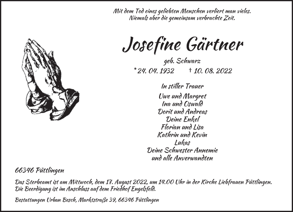  Traueranzeige für Josefine Gärtner vom 13.08.2022 aus saarbruecker_zeitung