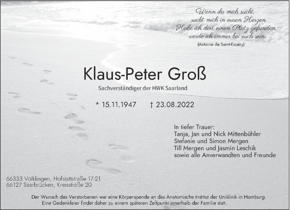  Traueranzeige für Klaus-Peter Groß vom 27.08.2022 aus saarbruecker_zeitung