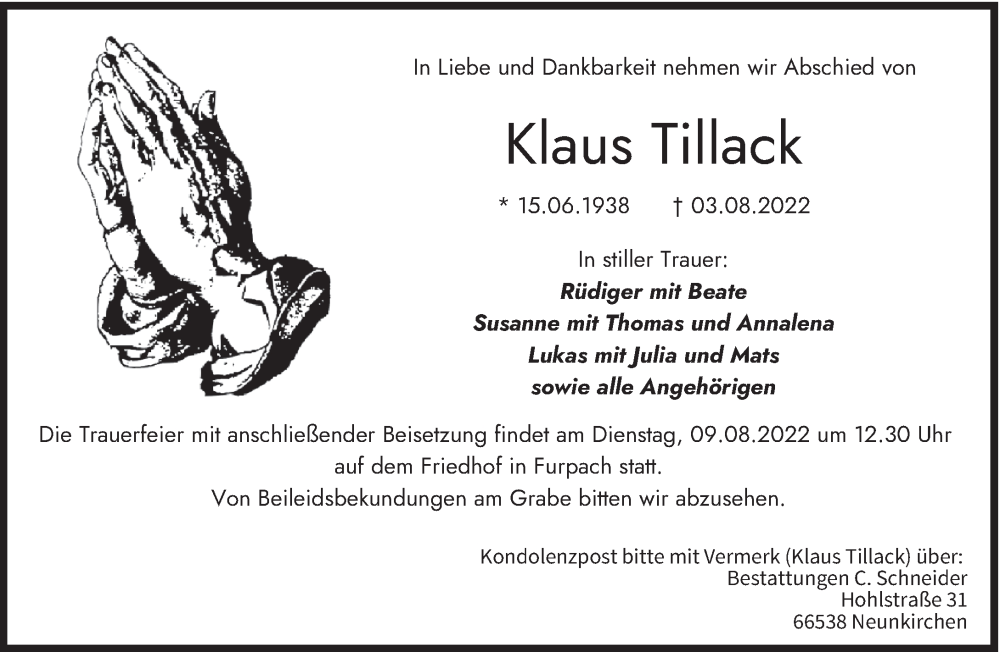  Traueranzeige für Klaus Tillack vom 06.08.2022 aus saarbruecker_zeitung