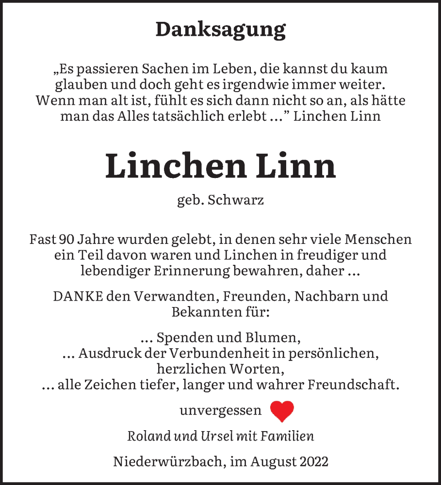  Traueranzeige für Linchen Linn vom 06.08.2022 aus saarbruecker_zeitung