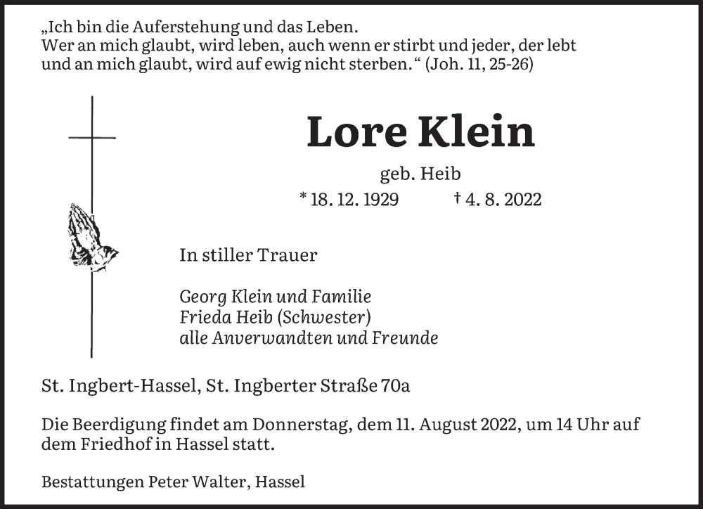  Traueranzeige für Lore Klein vom 06.08.2022 aus saarbruecker_zeitung