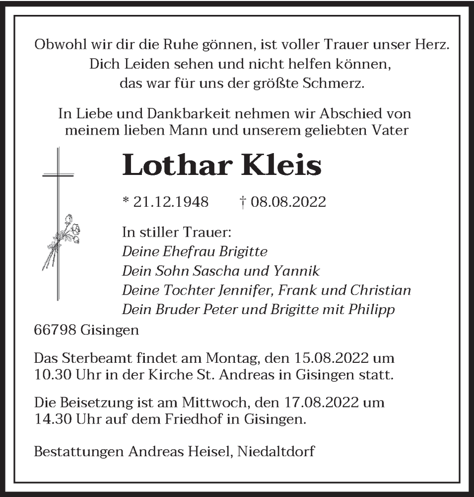  Traueranzeige für Lothar Kleis vom 13.08.2022 aus saarbruecker_zeitung