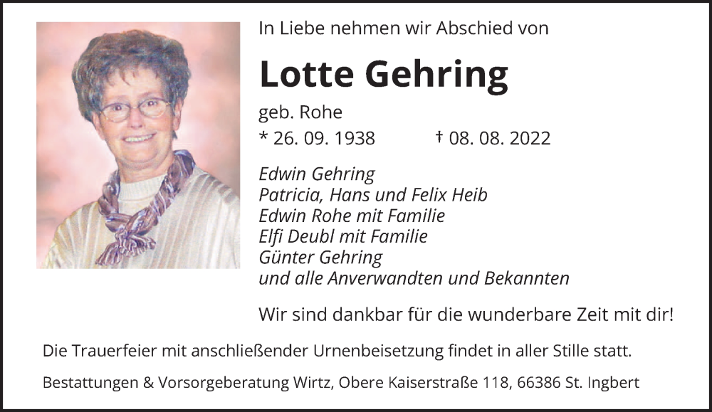 Traueranzeige für Lotte Gehring vom 13.08.2022 aus saarbruecker_zeitung