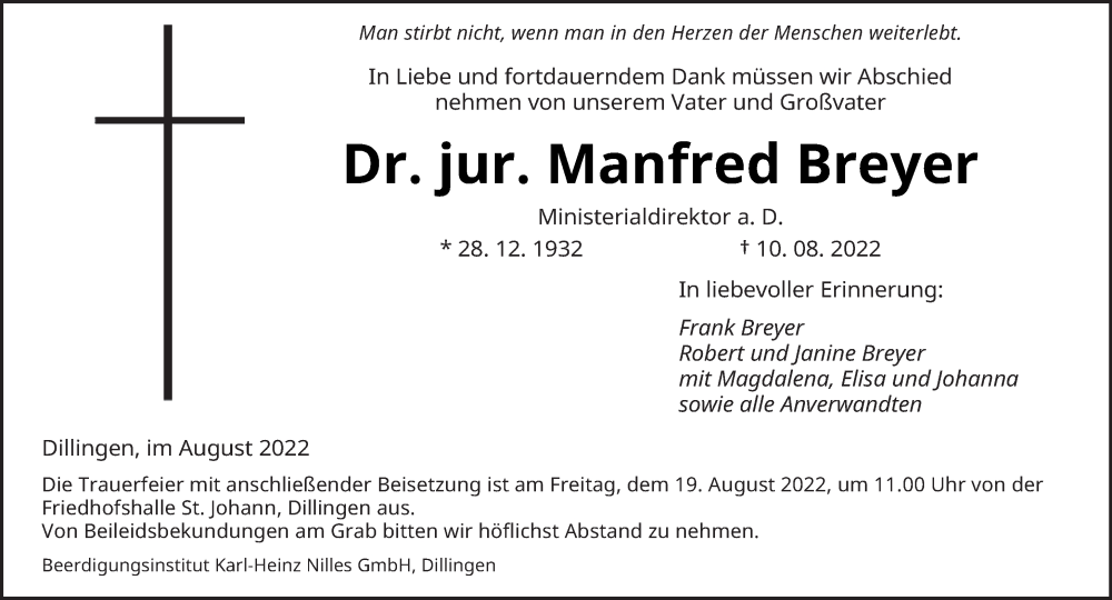  Traueranzeige für Manfred Breyer vom 13.08.2022 aus saarbruecker_zeitung