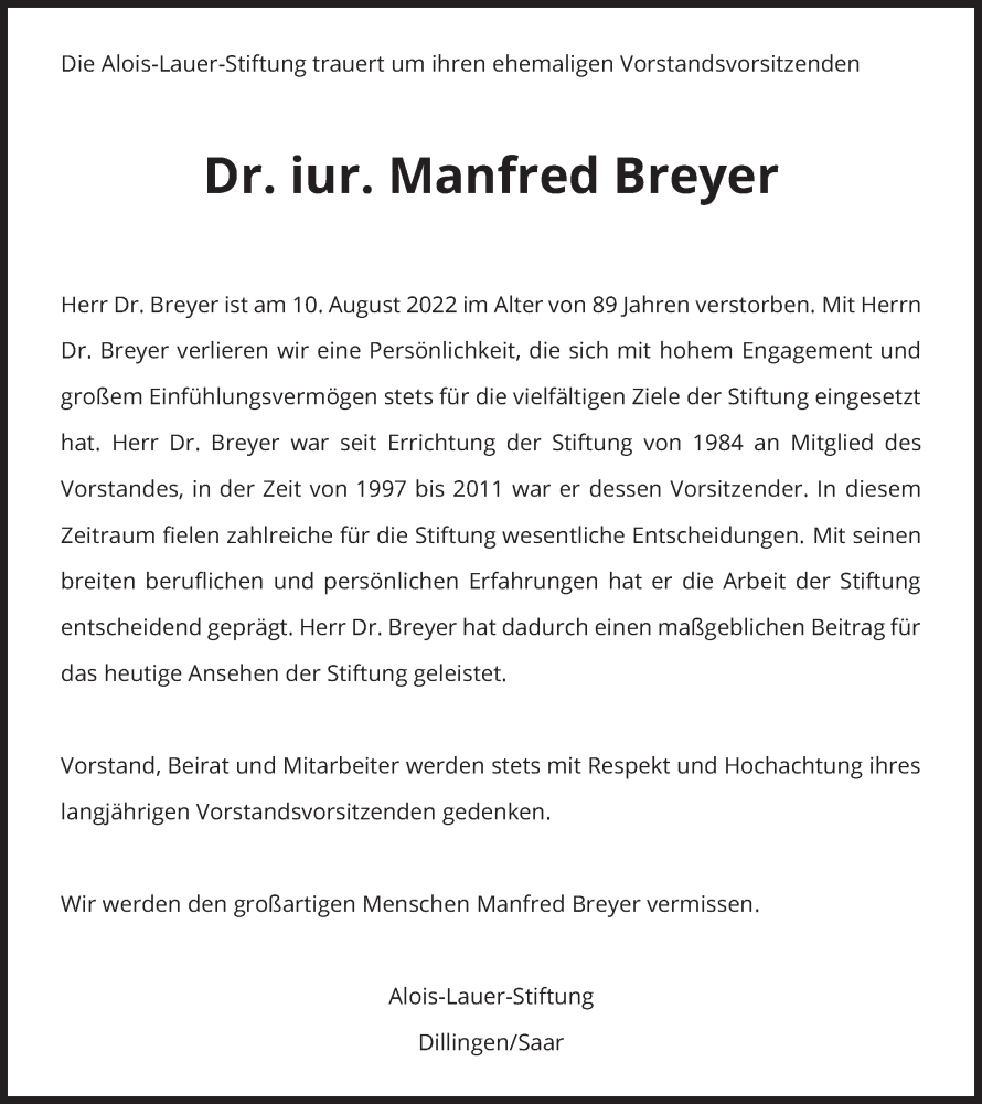  Traueranzeige für Manfred Breyer vom 20.08.2022 aus saarbruecker_zeitung