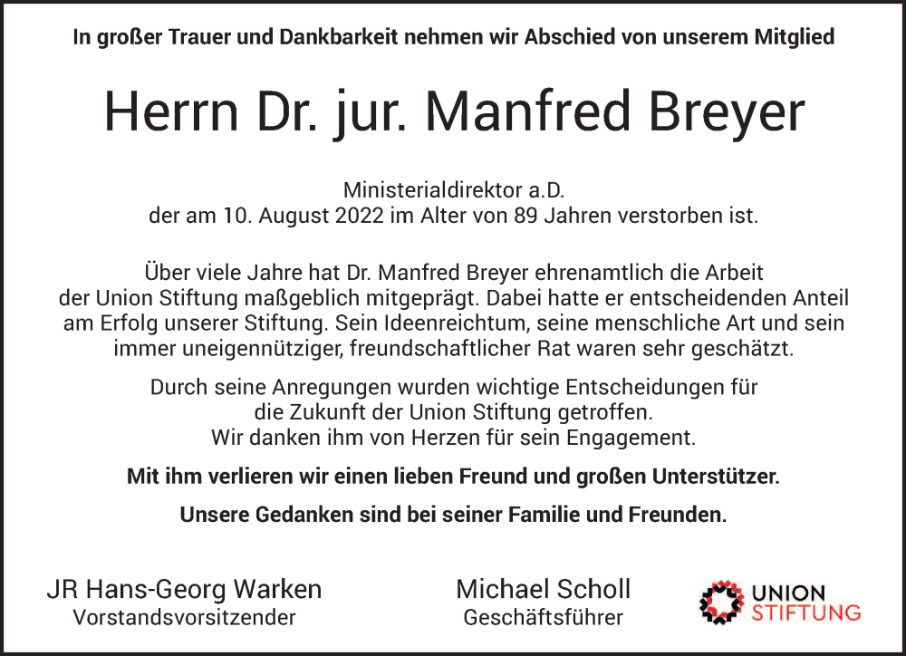  Traueranzeige für Manfred Breyer vom 22.08.2022 aus saarbruecker_zeitung