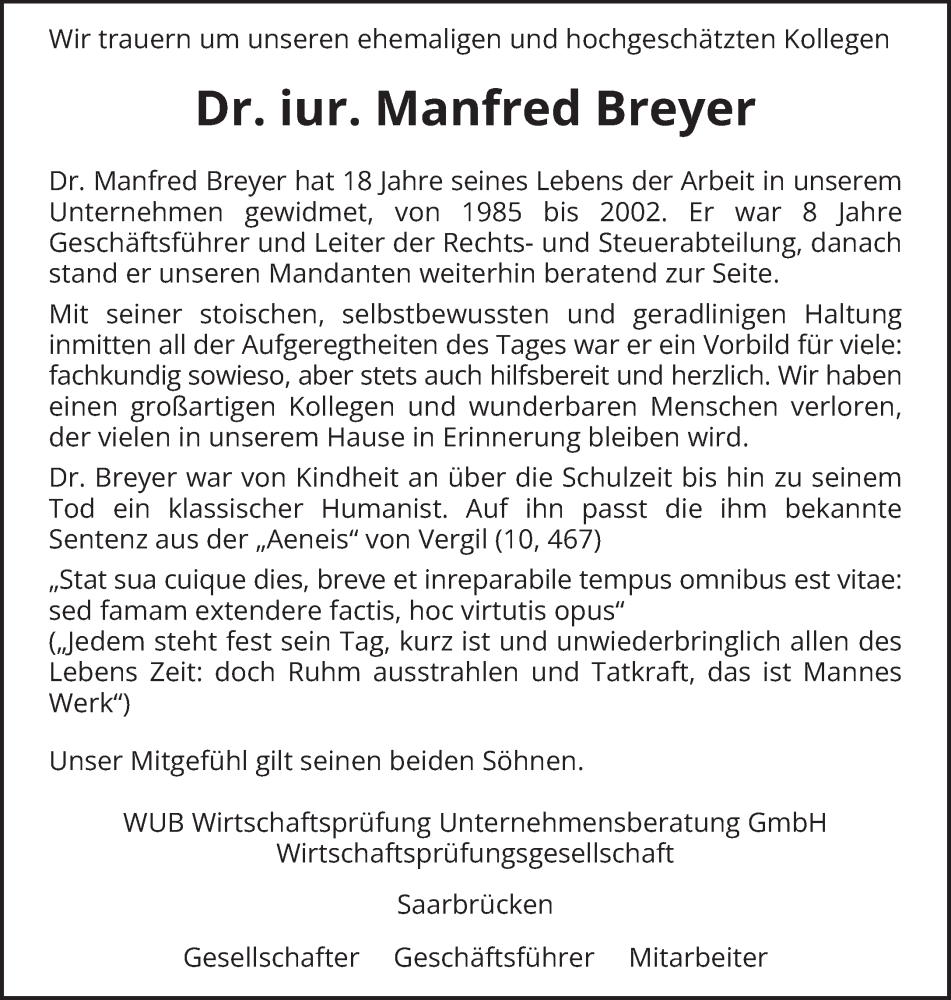  Traueranzeige für Manfred Breyer vom 20.08.2022 aus saarbruecker_zeitung