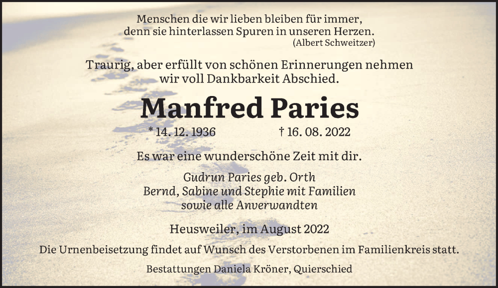  Traueranzeige für Manfred Paries vom 20.08.2022 aus saarbruecker_zeitung