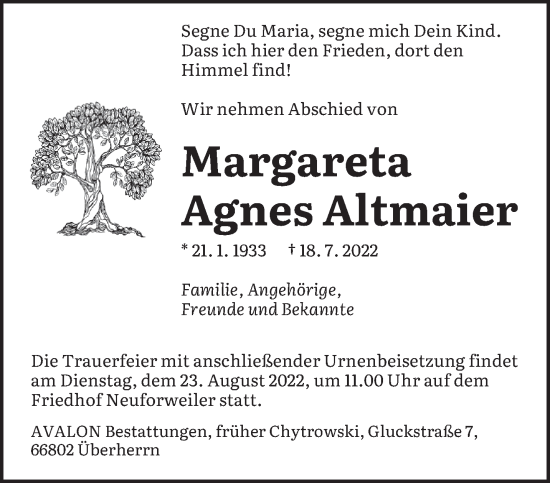 Traueranzeige von Margareta Agnes Altmaier von saarbruecker_zeitung