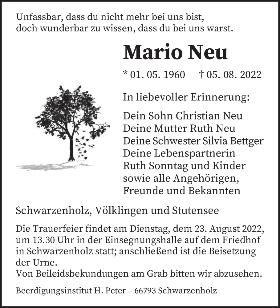  Traueranzeige für Mario Neu vom 20.08.2022 aus saarbruecker_zeitung