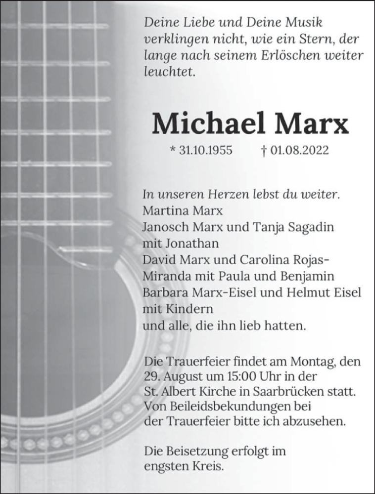  Traueranzeige für Michael Marx vom 20.08.2022 aus saarbruecker_zeitung