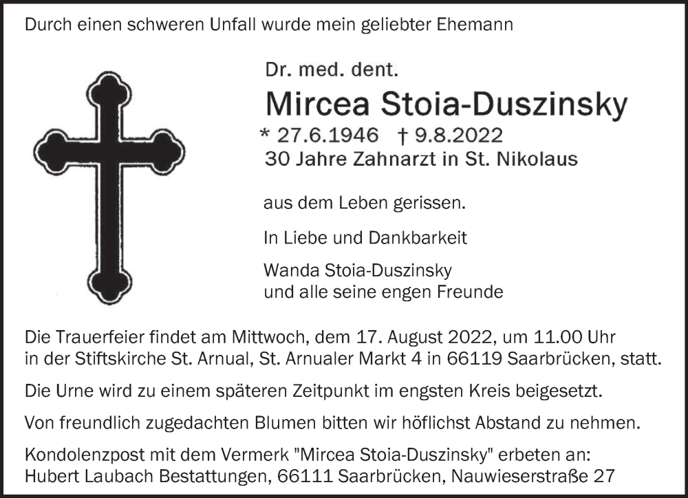  Traueranzeige für Mircea Stoia-Duszinsky vom 13.08.2022 aus saarbruecker_zeitung