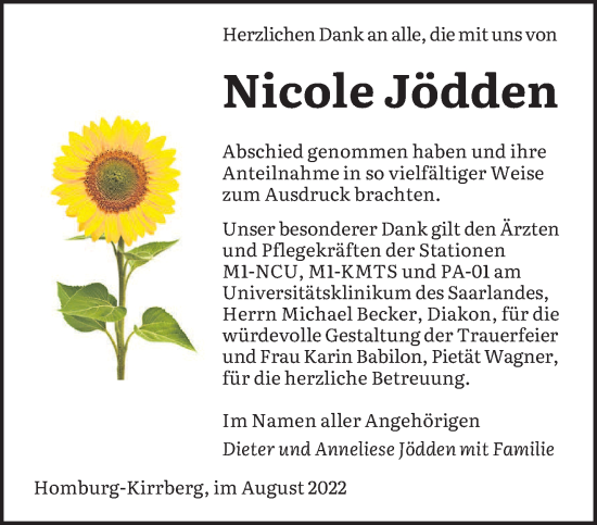 Traueranzeige von Nicole Jödden von saarbruecker_zeitung