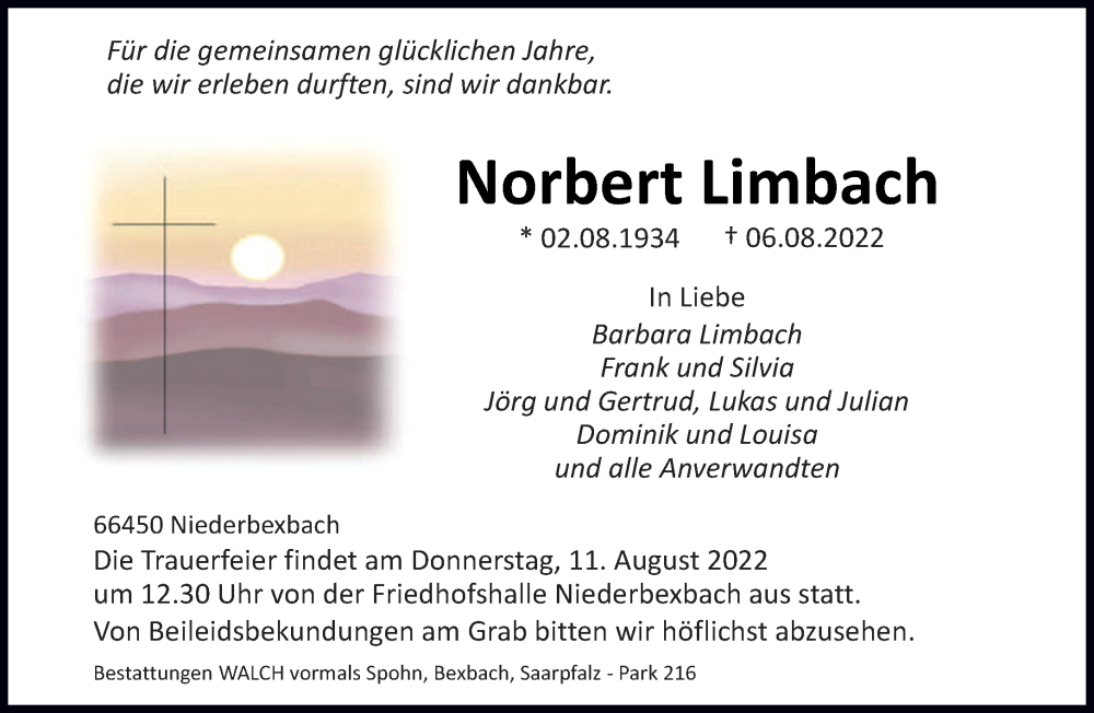  Traueranzeige für Norbert Limbach vom 09.08.2022 aus saarbruecker_zeitung