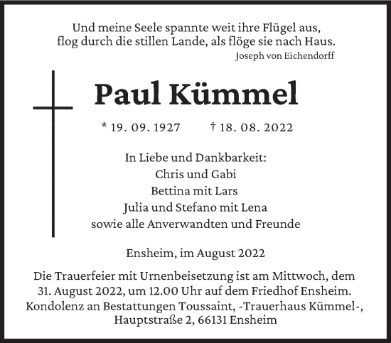 Traueranzeige von Paul Kümmel von saarbruecker_zeitung