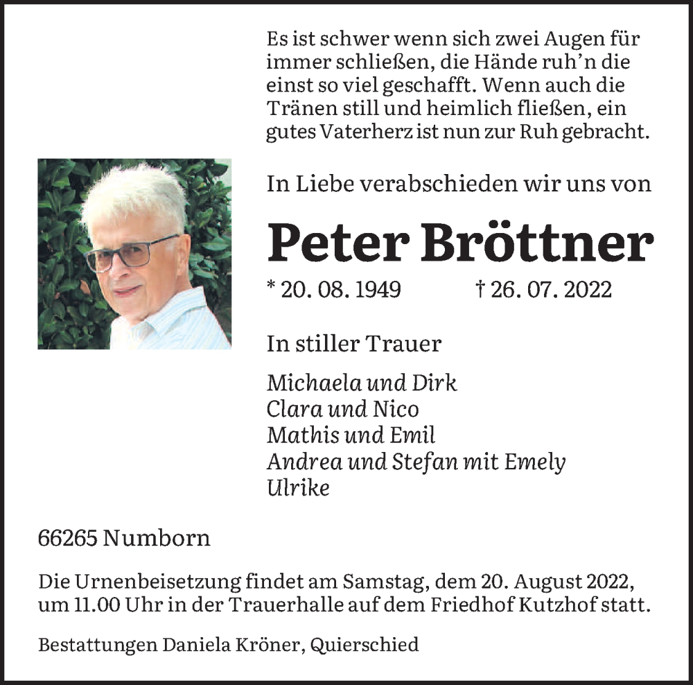  Traueranzeige für Peter Bröttner vom 13.08.2022 aus saarbruecker_zeitung
