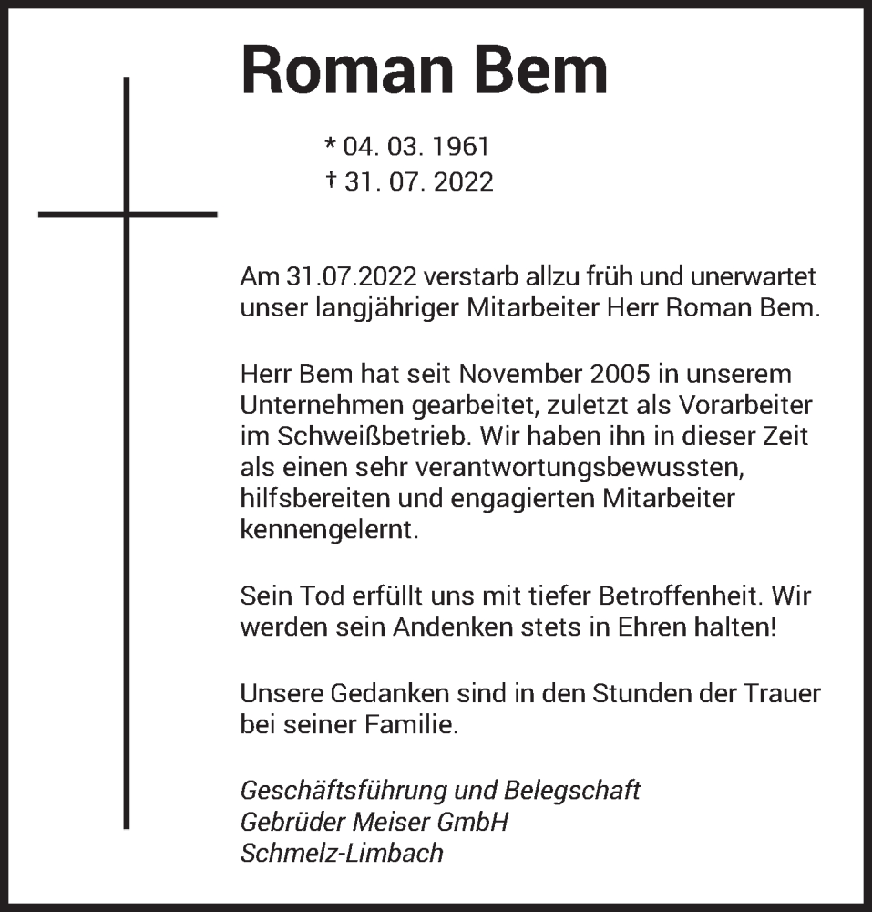  Traueranzeige für Roman Bem vom 04.08.2022 aus saarbruecker_zeitung