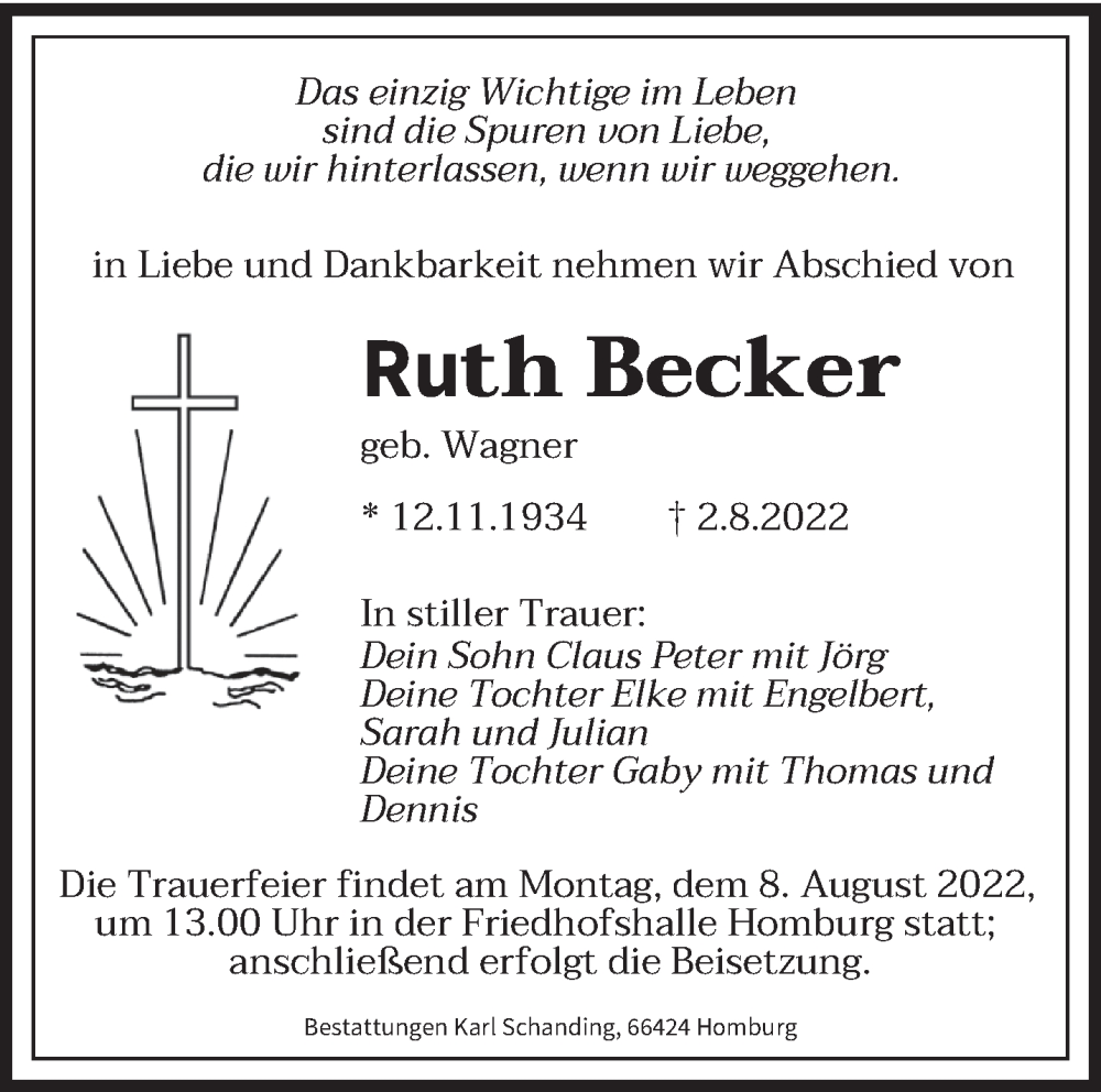  Traueranzeige für Ruth Becker vom 05.08.2022 aus saarbruecker_zeitung