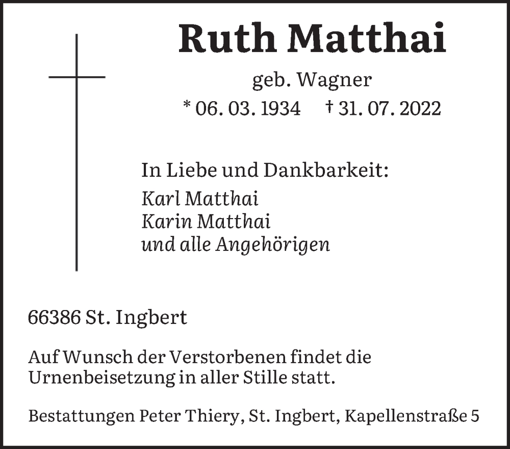  Traueranzeige für Ruth Matthai vom 05.08.2022 aus saarbruecker_zeitung