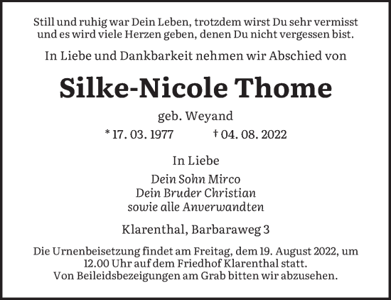 Traueranzeige von Silke-Nicole Thome von saarbruecker_zeitung