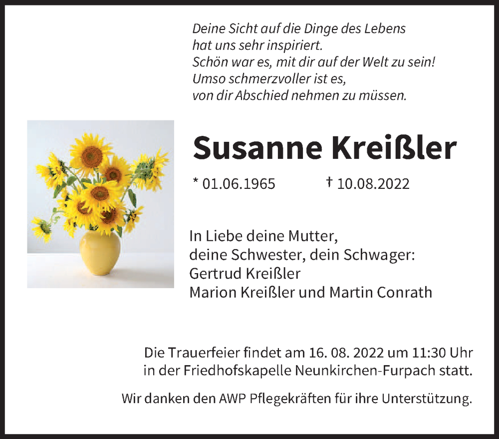  Traueranzeige für Susanne Kreißler vom 13.08.2022 aus saarbruecker_zeitung
