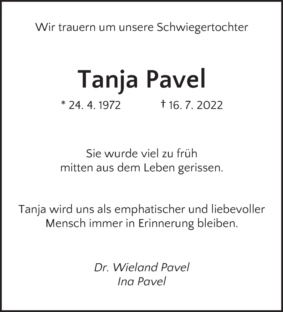  Traueranzeige für Tanja Pavel vom 01.08.2022 aus saarbruecker_zeitung